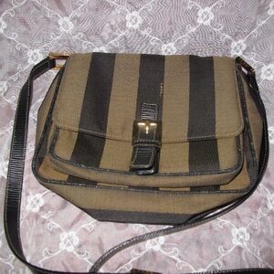 ❤️Authentic FENDI Pequin Flap Canvas Leather Shoulder CrossBody Bag Purse